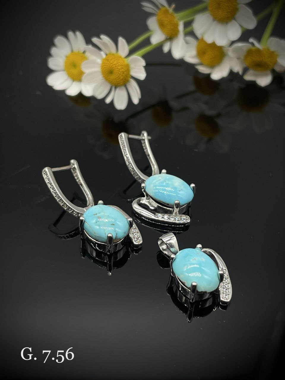 نیم ست نقره رادیوم با نگین فیروزه نیشابوری + خرید