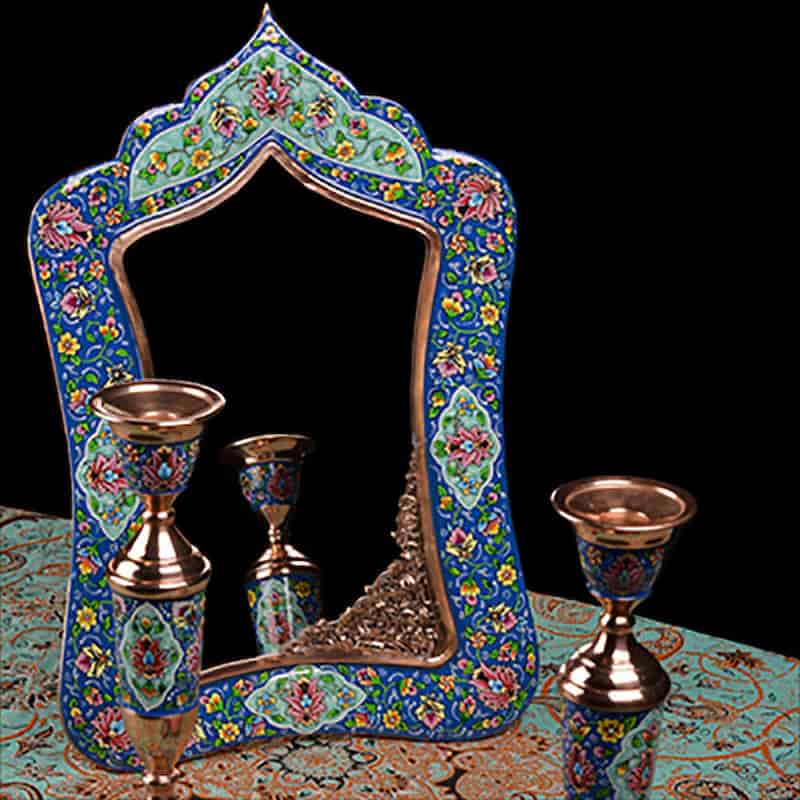 خرید و قیمت انواع آینه و شعمدانی مسی میناکاری شده