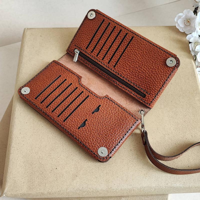 کیف پول چرم دست دوز قهوه ای