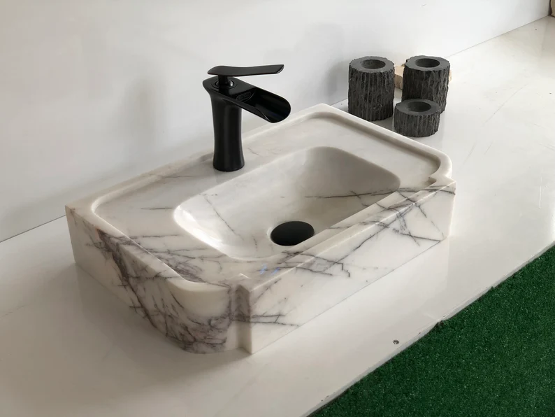 روشویی سنگی مرمر با رگه های طبیعی طوسی و سفید