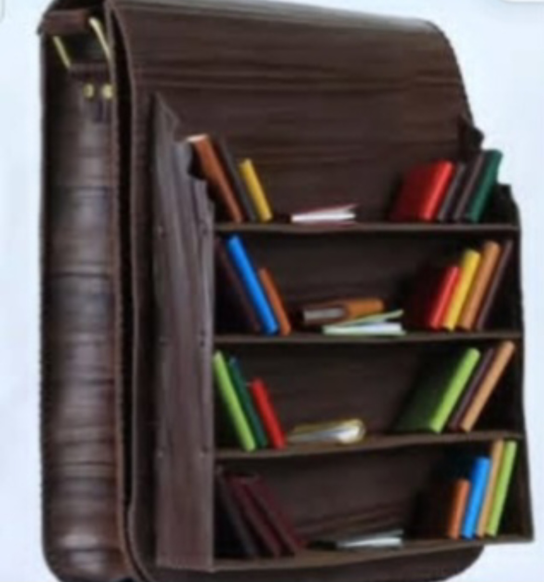 کیف دوشی زنانه مدل کتابخانه چرم دستدوز با طرحی دور از انتظار