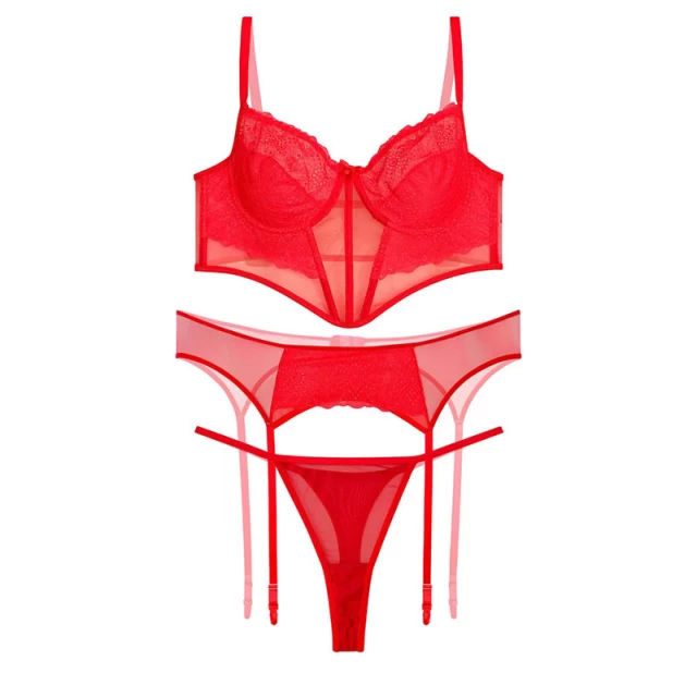 تصویر 1 از ست لباس زیر زنانه  مدل فانتزی 3 تکه توری به همراه بند جوراب