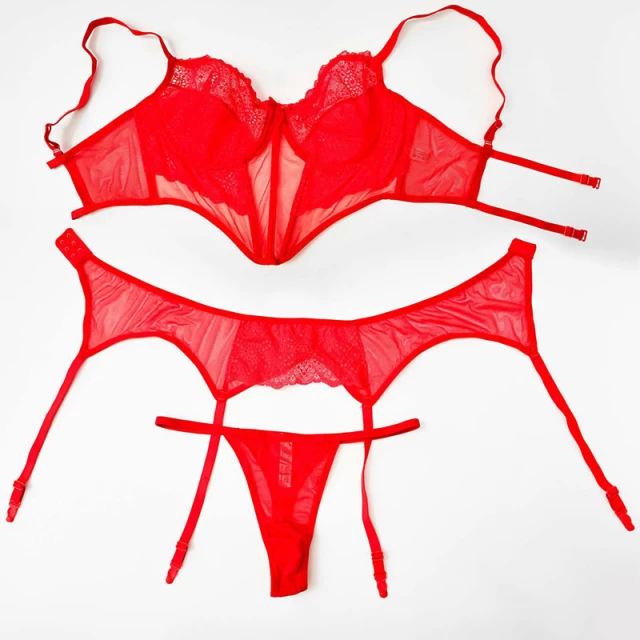 تصویر 2 از ست لباس زیر زنانه  مدل فانتزی 3 تکه توری به همراه بند جوراب
