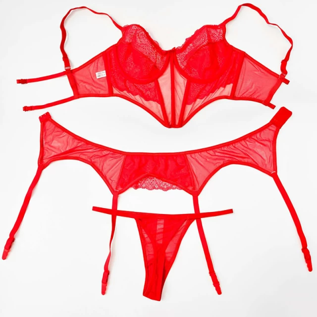 تصویر 3 از ست لباس زیر زنانه  مدل فانتزی 3 تکه توری به همراه بند جوراب