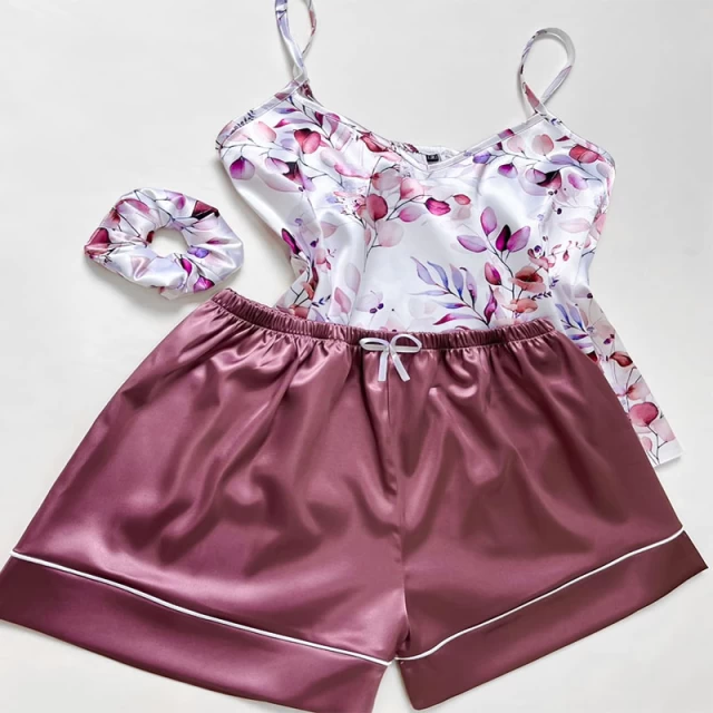 تصویر 3 از تاپ شورتک زنانه مدل ساتن ابریشم به همراه اسکرانچی مو