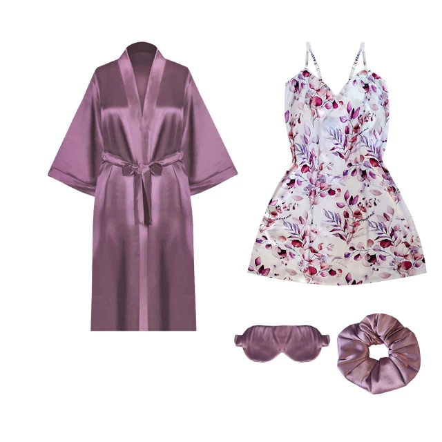 ست روبدوشامبر و پیراهن خواب زنانه مدل ساتن ابریشم بهمراه چشم بند و کش مو