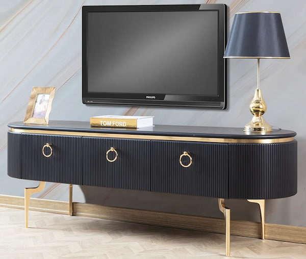 تصویر 1 از میز تلویزیون مشکی طلایی ترکیب رنگ جذاب با دوام طولانی و مقاوم