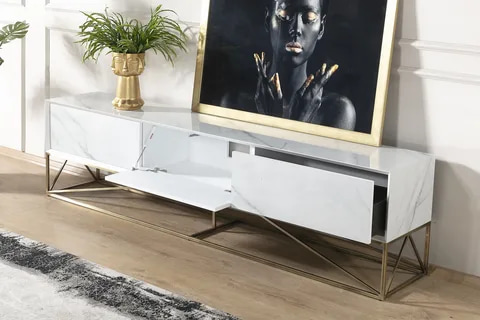 میز تلویزیون زمینی مدرن طراحی شیک با ترکیب فلز و چوب طبیعی