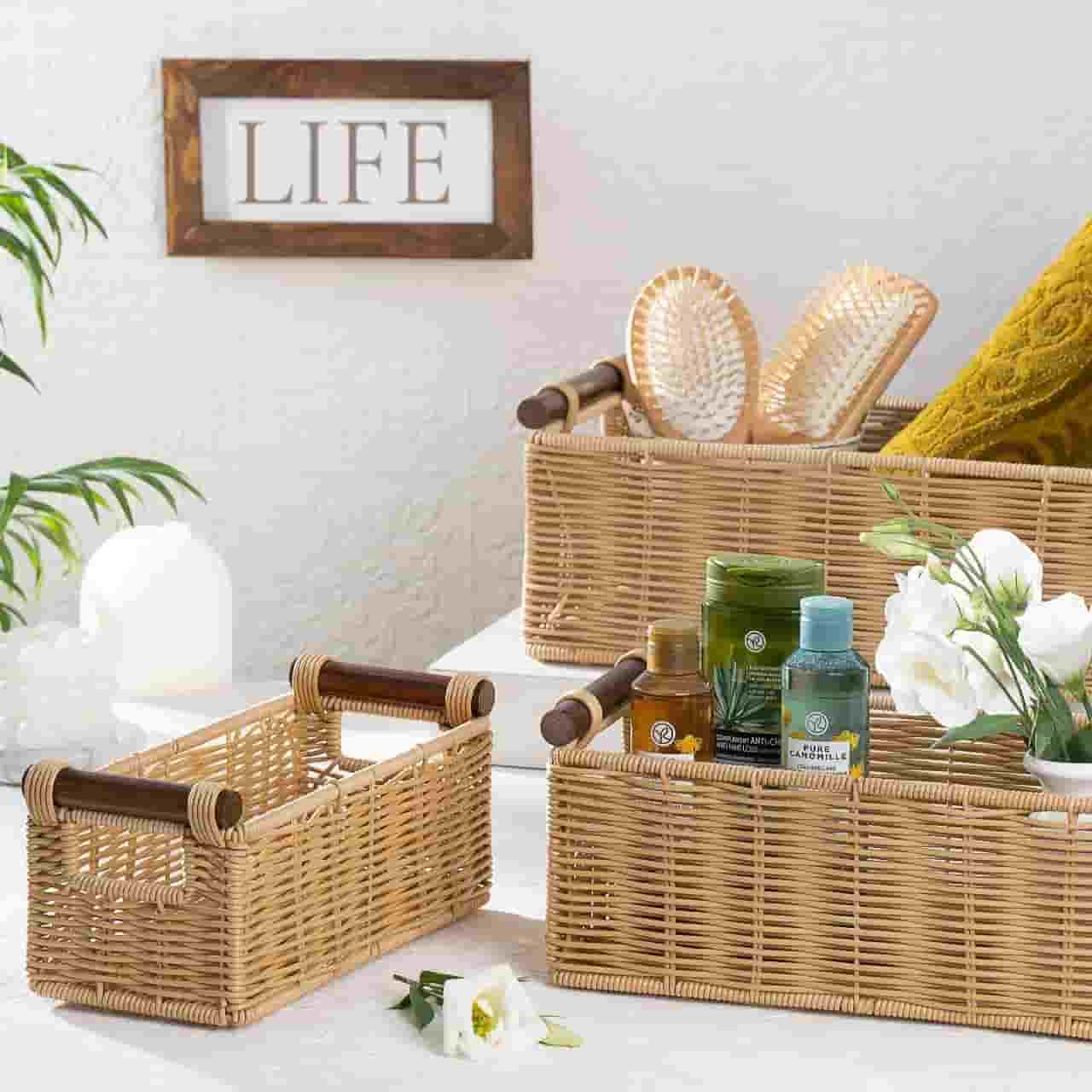 تصویر 2 از ست سبد حصیری دسته چوبی مناسب نظم دهی منزل