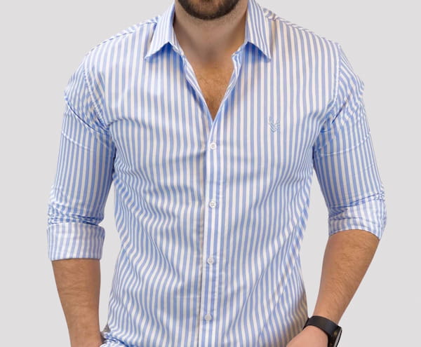 تصویر 2 از پیراهن مردانه راه راه آبی سفید مد روز مناسب استایل جوانان